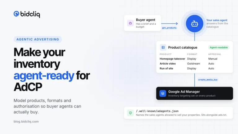 Diagram: a buyer agent calls get_products on your sales agent, which answers from a product catalogue and books into Google Ad Manager