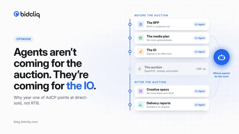 Deal timeline: AI agents handle the RFP, media plan, IO, creative specs and delivery reports, while the auction stays automated