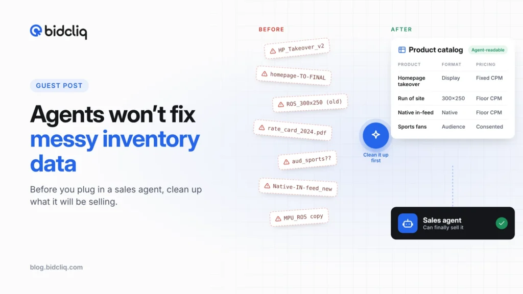 Before and after: messy ad unit and rate card names cleaned into an agent-readable product catalog a sales agent can sell