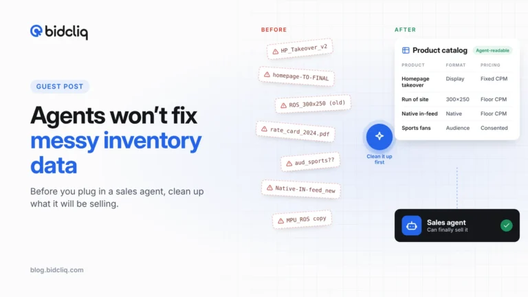 Before and after: messy ad unit and rate card names cleaned into an agent-readable product catalog a sales agent can sell